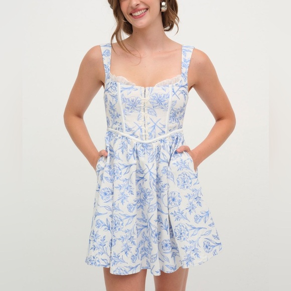 For Love and Lemons Maisie Mini Dress Floral Blue and White - Picture 4 of 8